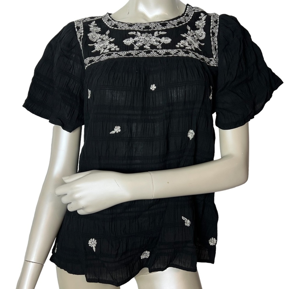 Knox Rose Black Cotton Embroidered Square-Yoke Top